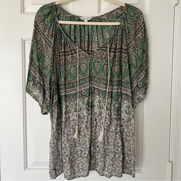 Lucky Brand Peasant Top Womens Sz 1X Paisley Floral Green Brown Tassel Neck Boho - Picture 1 of 13